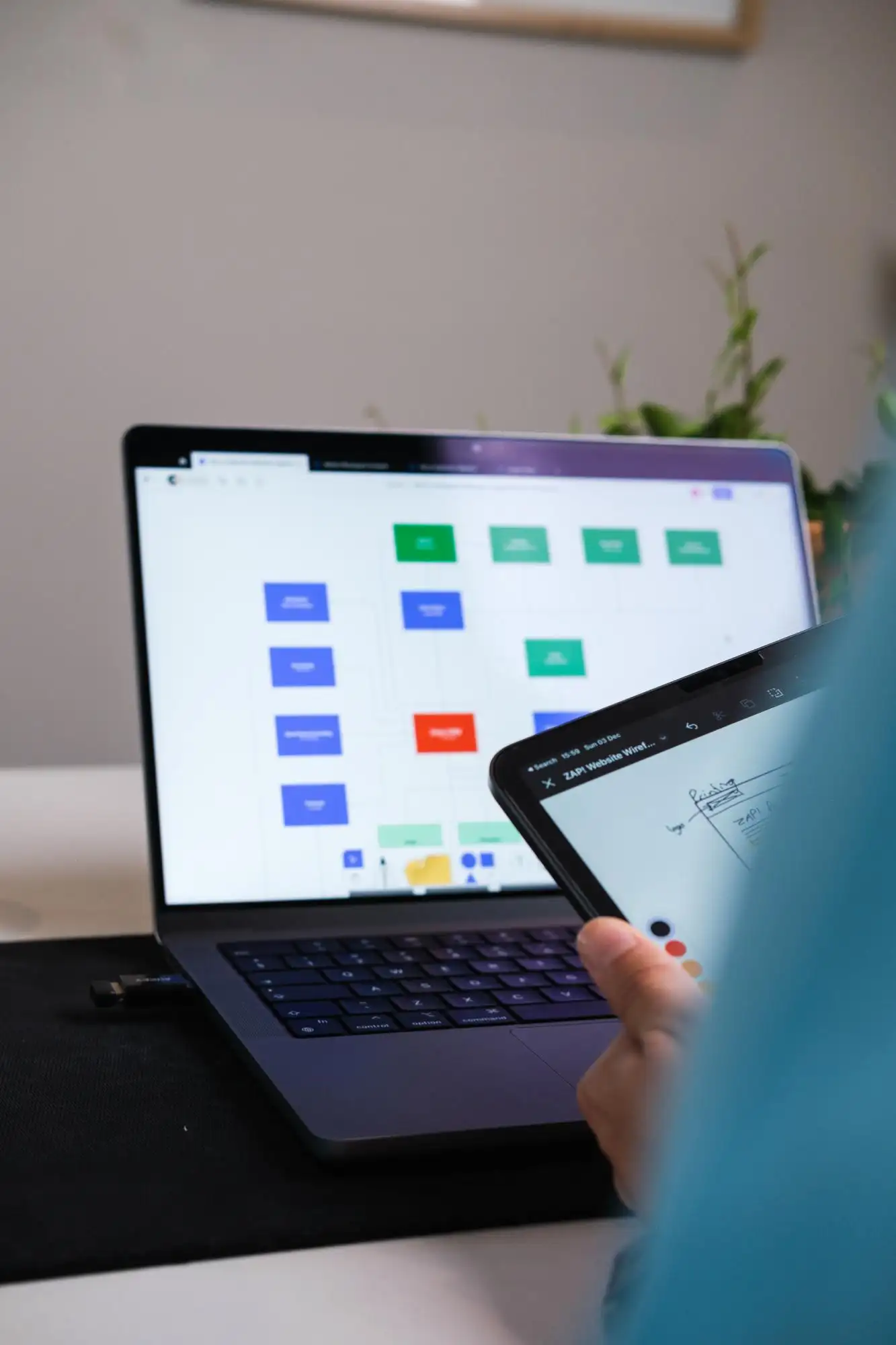 A site structure map on a laptop, with a page wireframe on a tablet